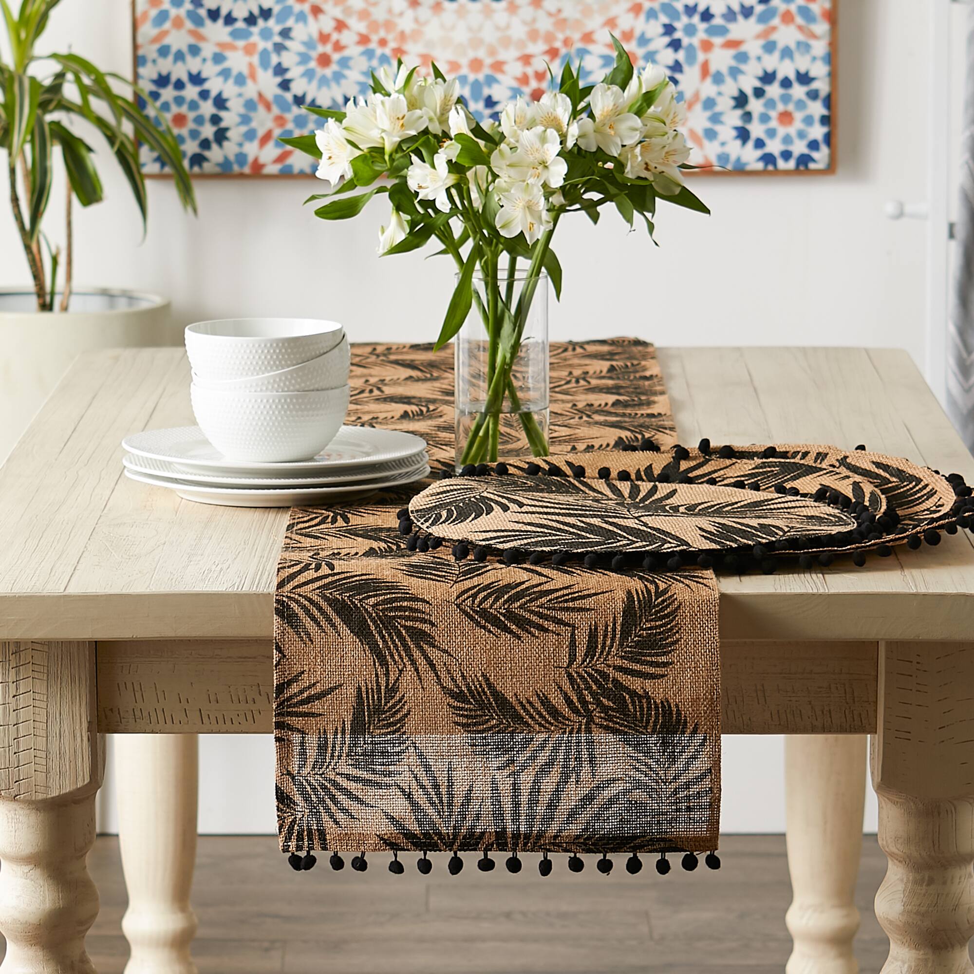 DII® Black Fern Print On Natural Jute Table Runner 14x72